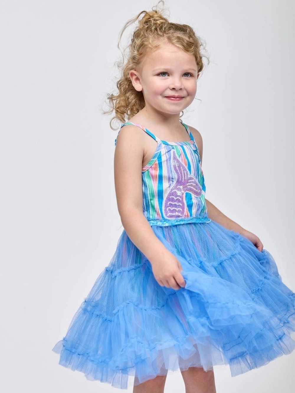 Girls Blue Mermaid Tulle Party Dress with Stripe Bodice